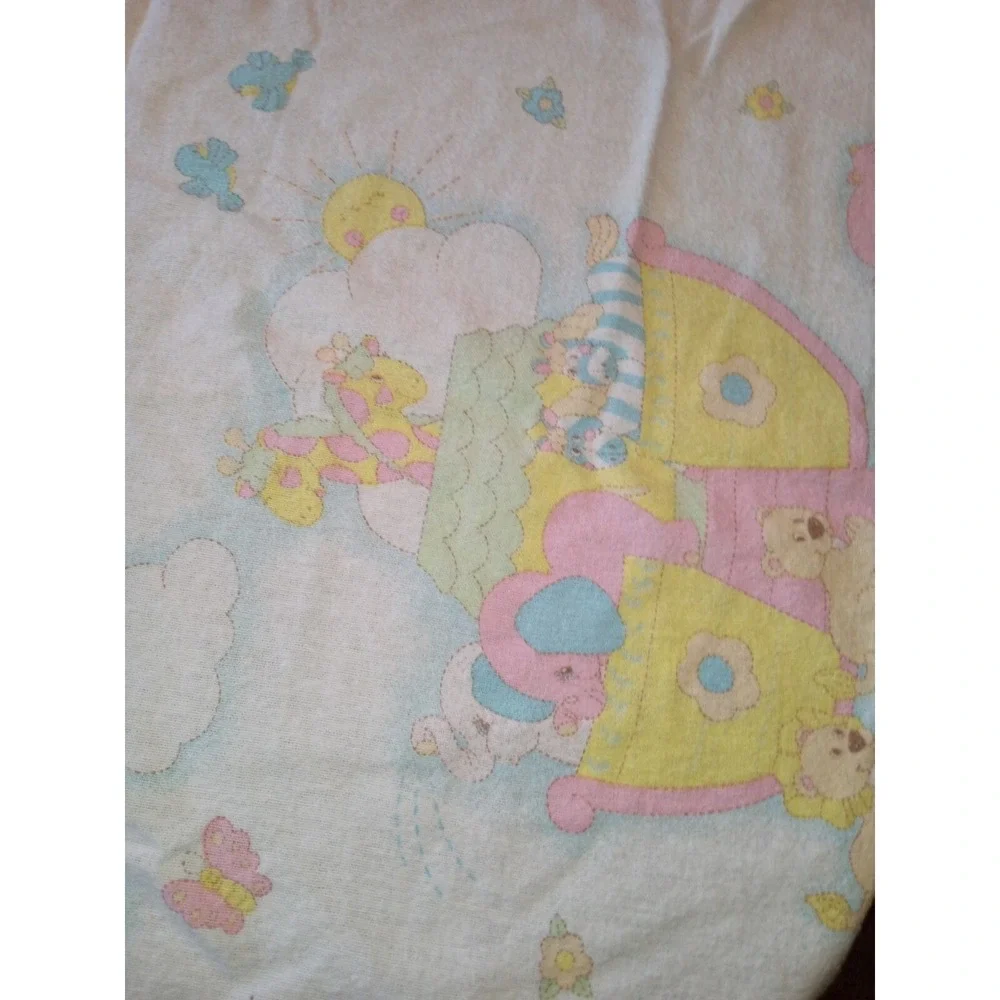 Vintage 1985 Curity Noahs Ark Baby Blanket Pastel Animals Flannel Kendall Co